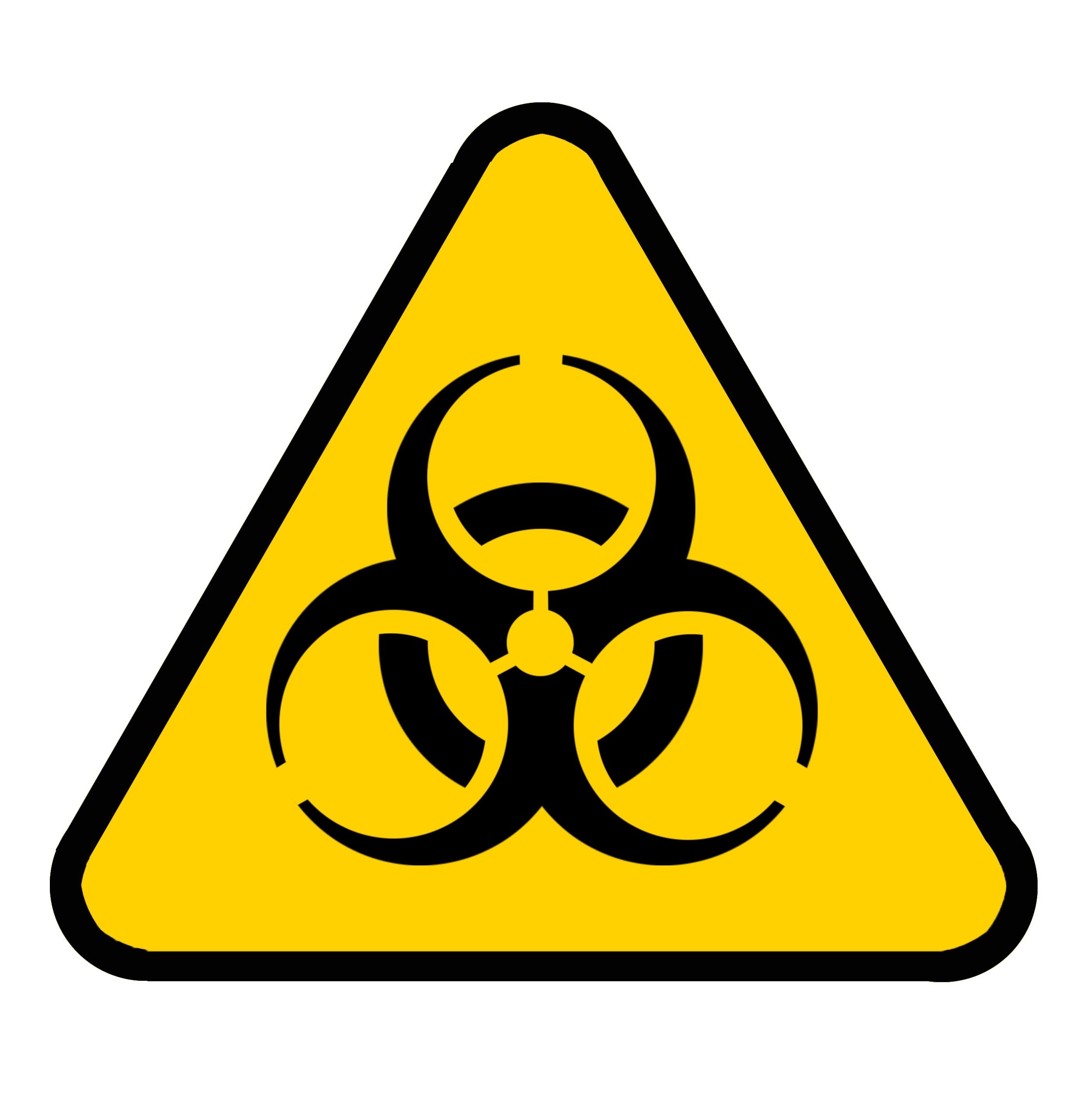 biohazard warning symbol on yellow black triangle caution sign, virus infection warning sign